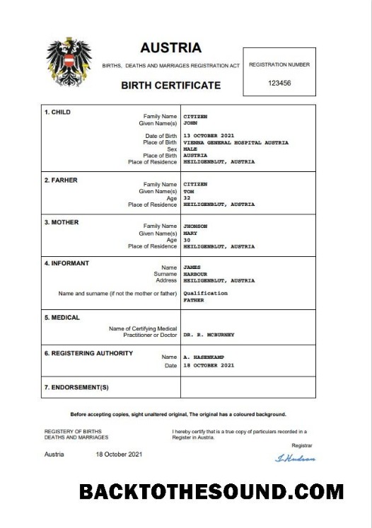 İndir Avusturya vital record doğum Sertifika Word and PDF Örnek ön izleme