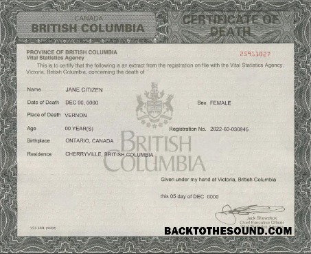 İndir Kanada British Columbia ölüm Sertifika in PSD Format Örnek taslak