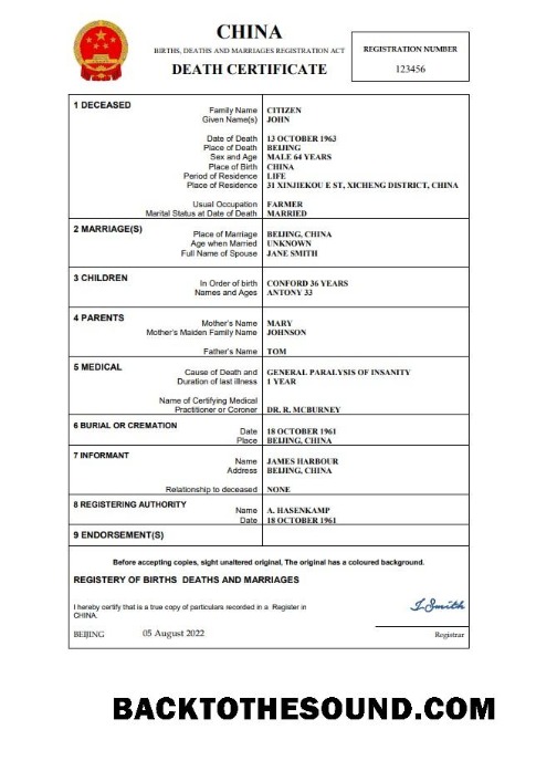 İndir Çin vital record ölüm Sertifika Word and PDF Örnek ön izleme