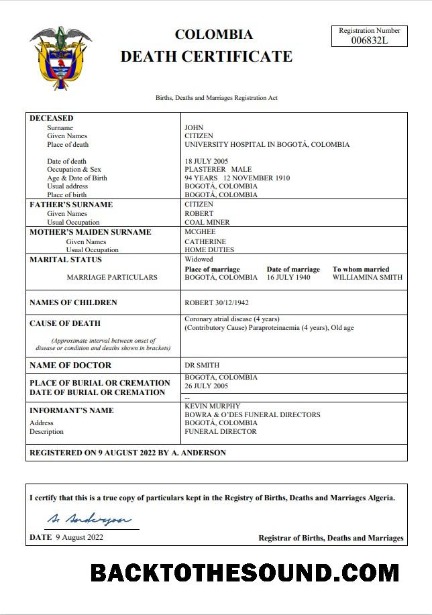 İndir Kolombiya ölüm Sertifika Word and PDF Örnek ön izleme