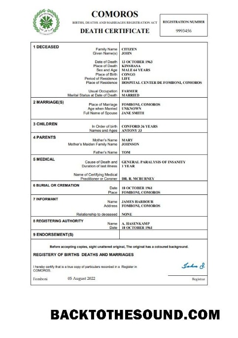 İndir Komorlar vital record ölüm Sertifika Word and PDF Örnek taslak