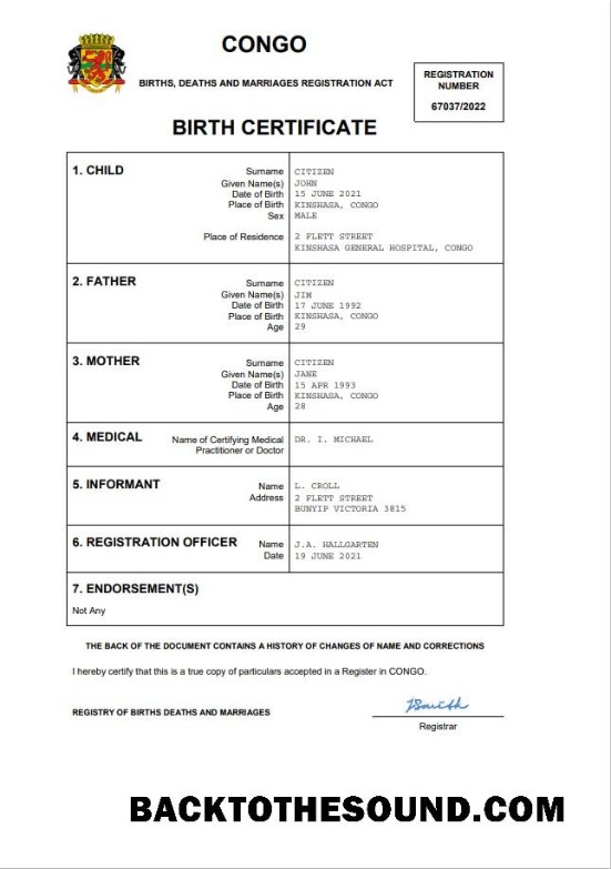 İndir Kongo vital record doğum Sertifika Word and PDF Örnek tasarım