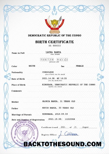 İndir Democratic Republic of the Kongo vital record doğum Sertifika PSD Örnek şablon