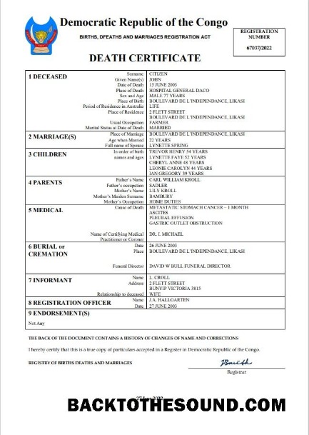İndir Democratic Republic of the Kongo vital record ölüm Sertifika Word and PDF Örnek taslak