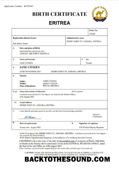 İndir Eritre vital record doğum Sertifika Word and PDF Örnek taslak