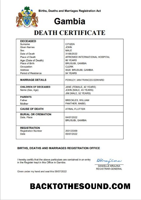 İndir Gambiya vital record ölüm Sertifika Word and PDF Örnek ön izleme