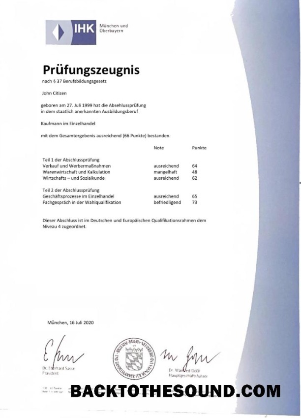 İndir Almanya IHK Munich examination Sertifika Örnek tasarım