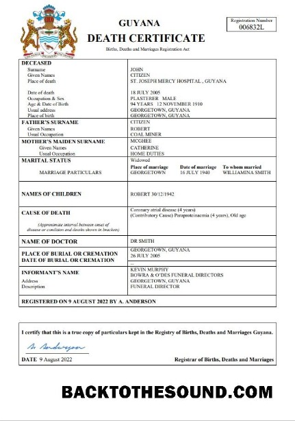 İndir Guyana ölüm Sertifika Word and PDF Örnek taslak