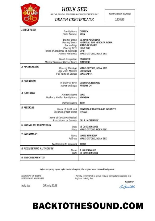 İndir Holy See vital record ölüm Sertifika Word and PDF Örnek taslak