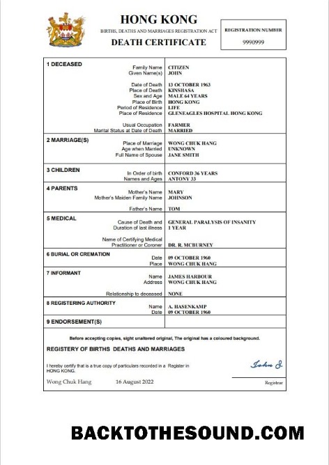 Düzenlenebilir İndir Hong Kong ölüm Sertifika Word and PDF Şablon, Örnek