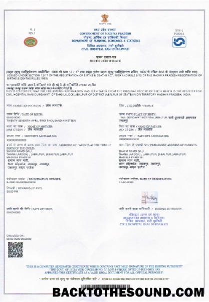 İndir Hindistan (Madhya Pradesh) vital record doğum Sertifika Örnek ön izleme