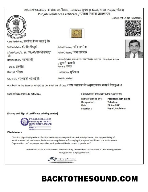 İndir Hindistan Government of Punjab Oturma Sertifika in Word and PDF Format Örnek şablon