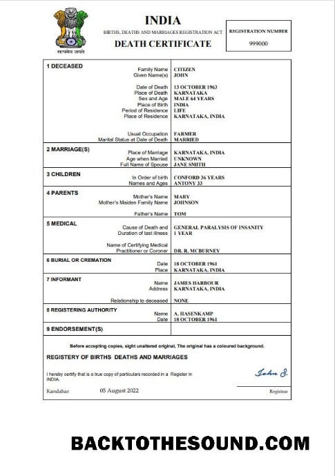 Profesyonel İndir Hindistan ölüm Sertifika Word and PDF Şablon, Örnek