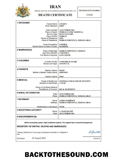 İndir İran ölüm Sertifika Word and PDF Örnek taslak