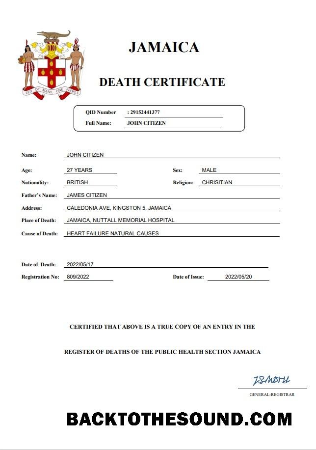 İndir Jamaika vital record ölüm Sertifika Word and PDF Örnek taslak
