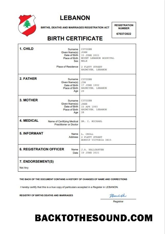 İndir Lübnan vital record doğum Sertifika Word and PDF Örnek taslak