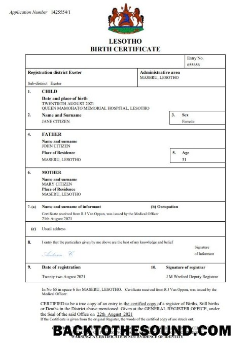 İndir Lesotho doğum Sertifika Word and PDF Örnek tasarım