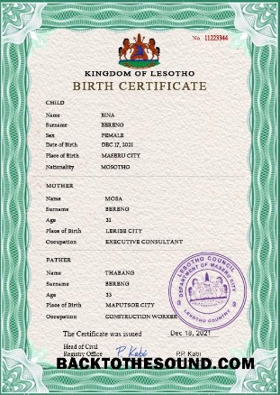 İndir Lesotho vital record doğum Sertifika PSD Örnek ön izleme