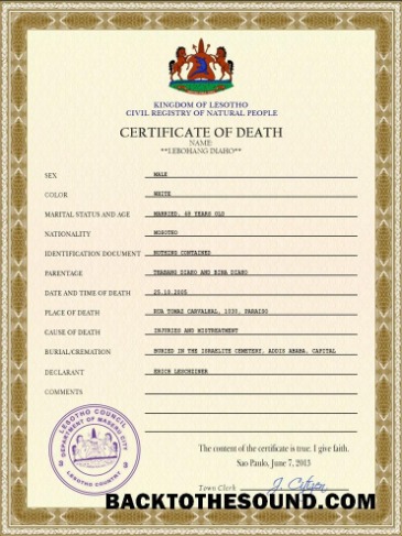İndir Lesotho vital record ölüm Sertifika PSD Örnek taslak