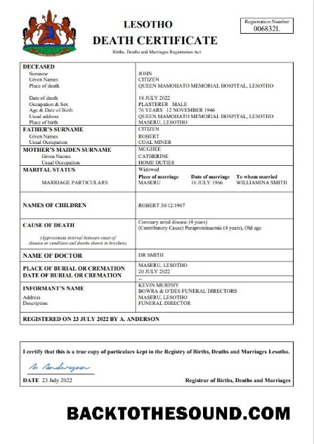İndir Lesotho vital record ölüm Sertifika Word and PDF Örnek taslak