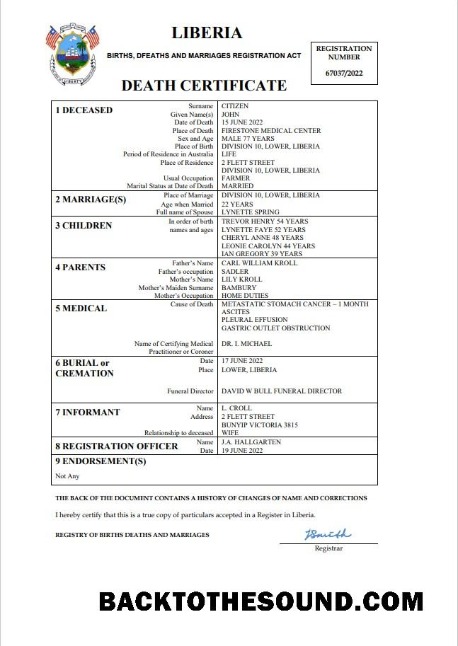 İndir Liberya ölüm Sertifika Word and PDF Örnek tasarım