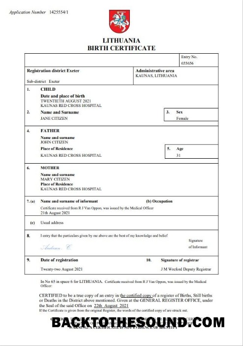 İndir Litvanya doğum Sertifika Word and PDF Örnek taslak