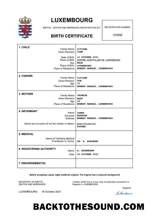 İndir Lüksemburg doğum Sertifika Word and PDF Örnek şablon