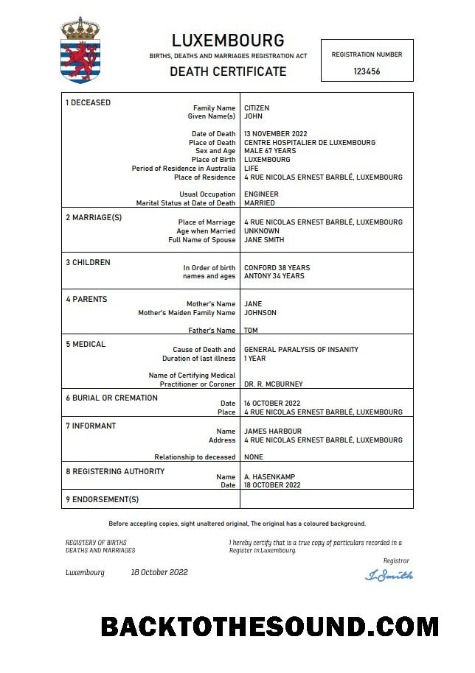 İndir Lüksemburg ölüm Sertifika Word and PDF Örnek ön izleme