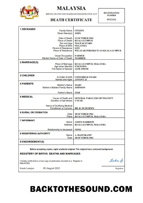 İndir Malezya ölüm Sertifika in Word and PDF Format Örnek taslak
