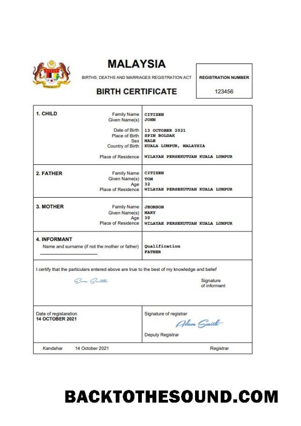 Yüksek Kalite İndir Malezya vital record doğum Sertifika Word and PDF Şablon, completely Düzenlenebilir Örnek