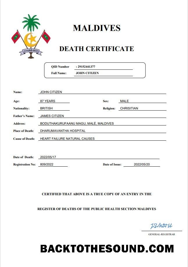 İndir Maldivler vital record ölüm Sertifika Word and PDF Örnek şablon