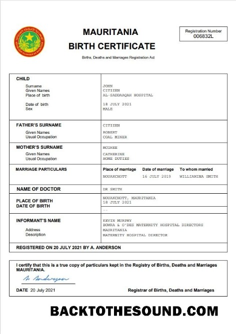İndir Moritanya doğum Sertifika Word and PDF Örnek şablon