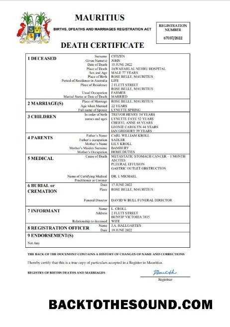 Düzenlenebilir İndir Mauritius ölüm Sertifika Word and PDF Şablon, completely Düzenlenebilir Örnek