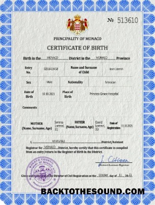 İndir Monako vital record doğum Sertifika PSD Örnek örnek