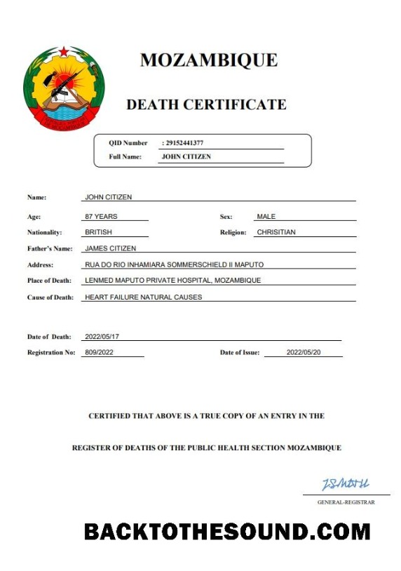 İndir Mozambik vital record ölüm Sertifika Word and PDF Örnek taslak