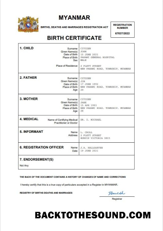 İndir Myanmar vital record doğum Sertifika Word and PDF Örnek tasarım