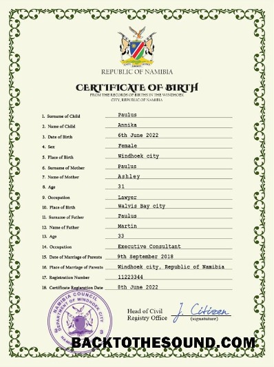 İndir Namibya vital record doğum Sertifika PSD Örnek örnek