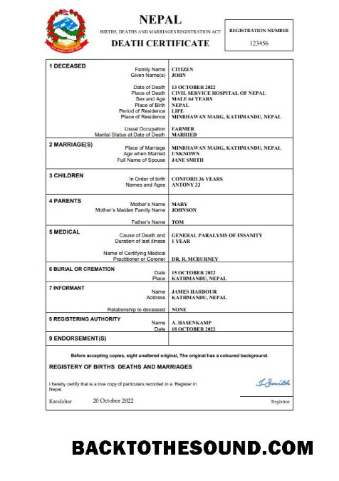 İndir Nepal vital record ölüm Sertifika Word and PDF Örnek tasarım