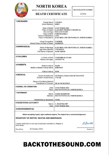 İndir Kuzey Kore vital record ölüm Sertifika Word and PDF Örnek şablon
