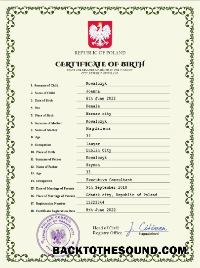Premium İndir Polonya vital record doğum Sertifika PSD Şablon, Örnek