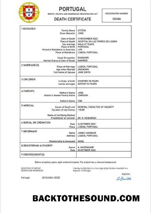 İndir Portekiz ölüm Sertifika Word and PDF Örnek taslak