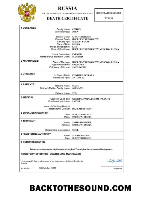 İndir Rusya ölüm Sertifika Word and PDF Örnek şablon