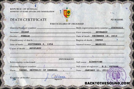 İndir Senegal vital record ölüm Sertifika PSD Örnek şablon