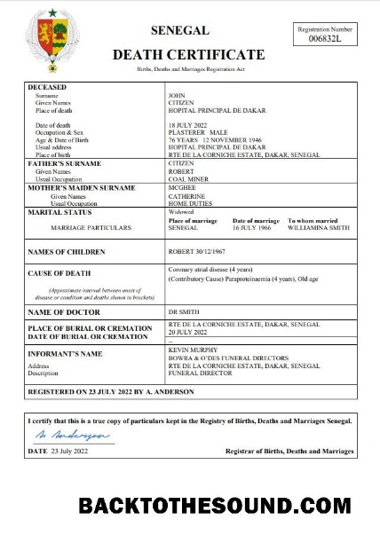 İndir Senegal vital record ölüm Sertifika Word and PDF Örnek tasarım