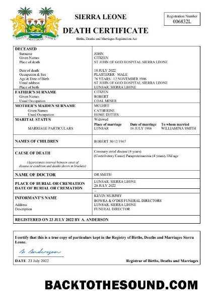 İndir Sierra Leone ölüm Sertifika Word and PDF Örnek ön izleme