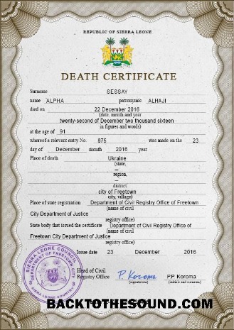 İndir Sierra Leone vital record ölüm Sertifika PSD Örnek taslak