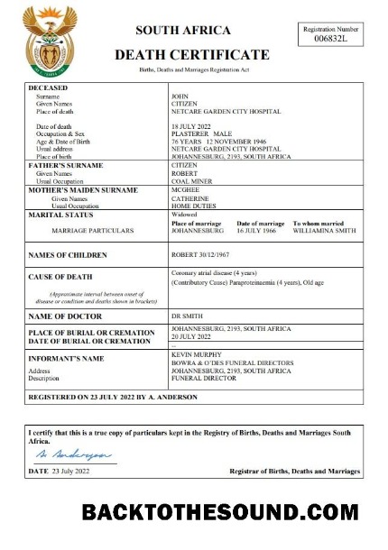 İndir Güney Afrika ölüm Sertifika Word and PDF Örnek taslak