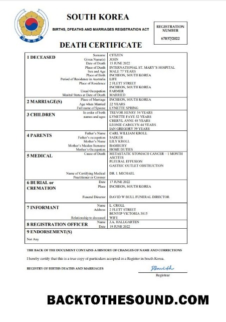 İndir Güney Kore vital record ölüm Sertifika Word and PDF Örnek örnek