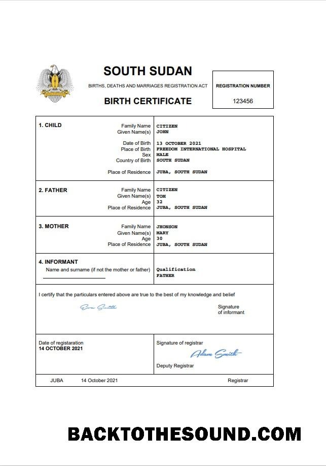 İndir Güney Sudan vital record doğum Sertifika Word and PDF Örnek tasarım