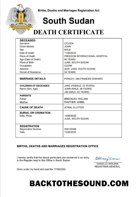 İndir Güney Sudan vital record ölüm Sertifika Word and PDF Örnek örnek